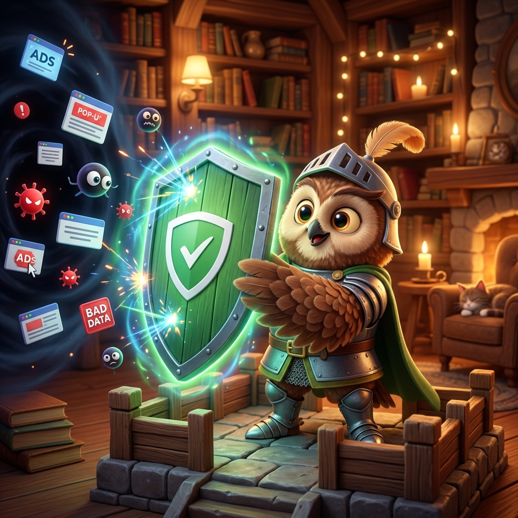 Illustration drôle : Le hibou OWL bloquant les pubs avec un gros bouclier