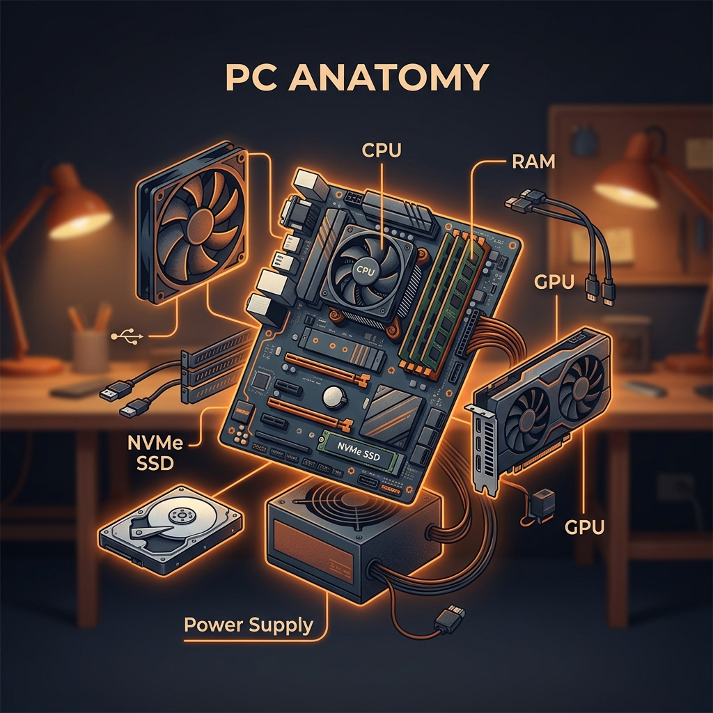Illustration anatomie d'un PC — tous les composants