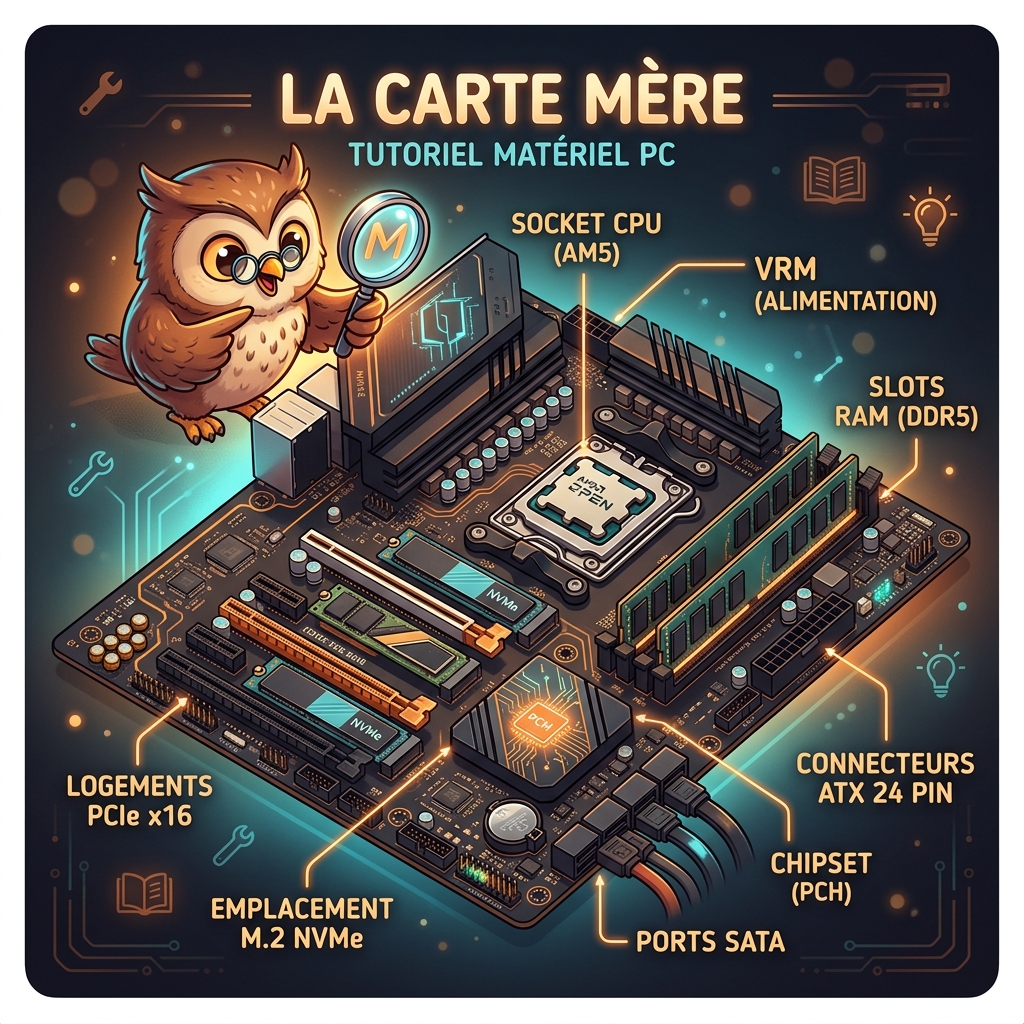 Illustration Carte Mère — slots PCIe, socket CPU, M.2