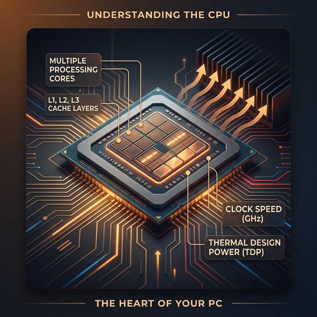 Illustration CPU — cœurs, fréquence, cache L1/L2/L3