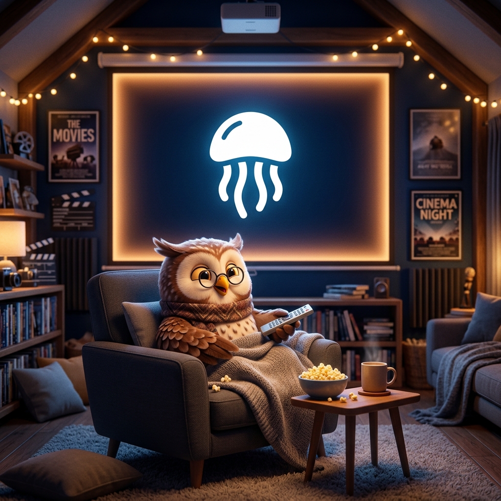 Illustration drôle : Jellyfin media center avec le hibou OwlNet