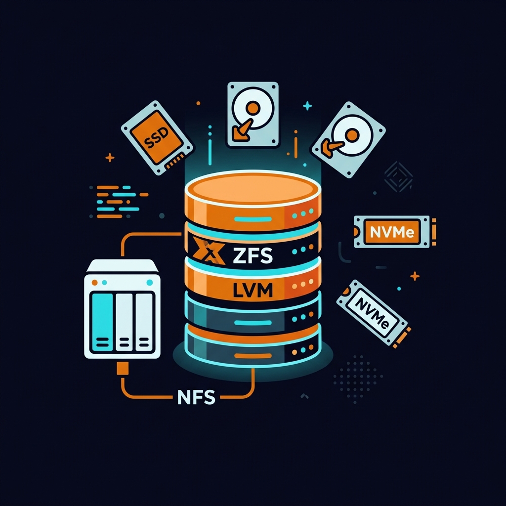 Illustration stockage Proxmox VE LVM ZFS NFS