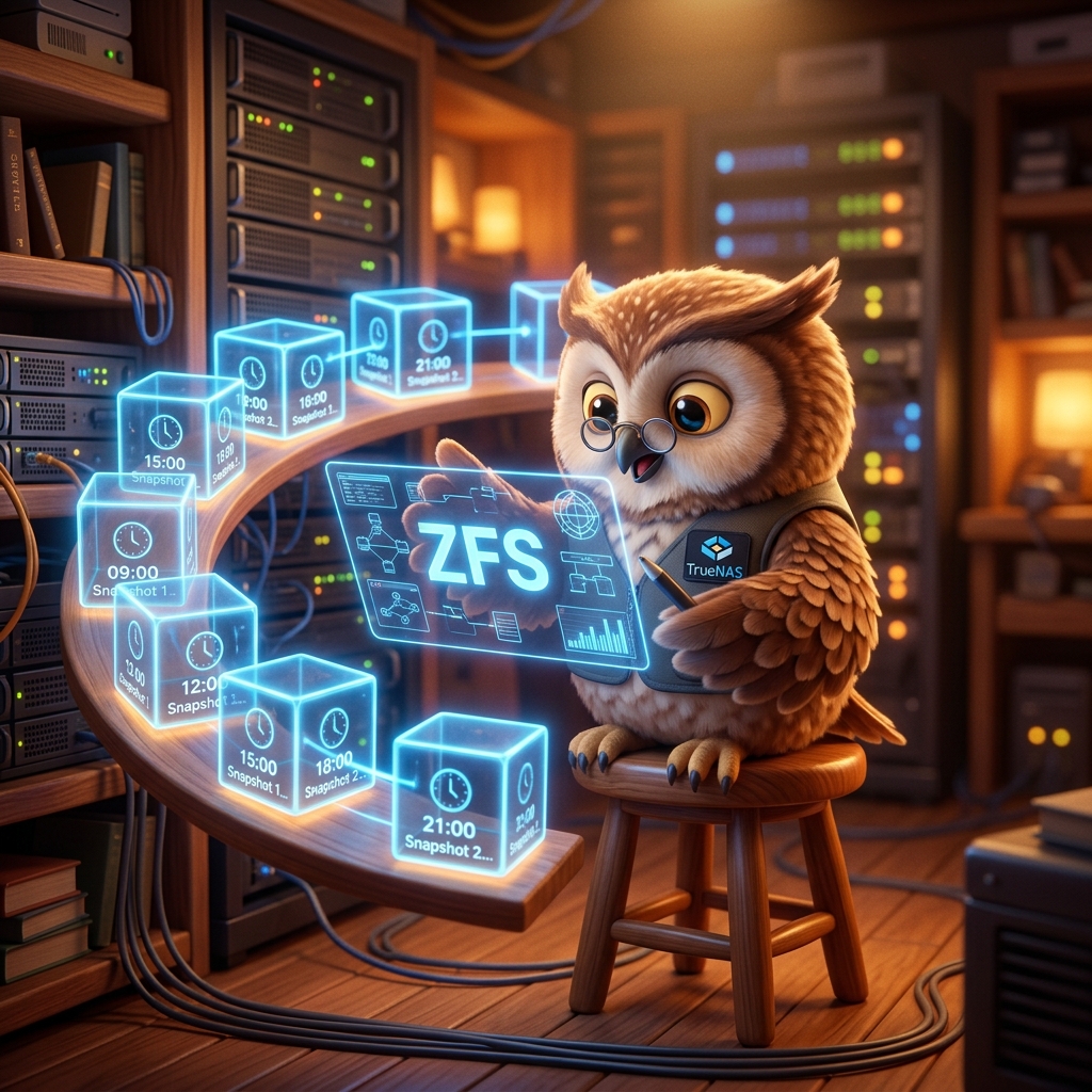 OWL le hibou entouré de cubes ZFS lumineux représentant les snapshots