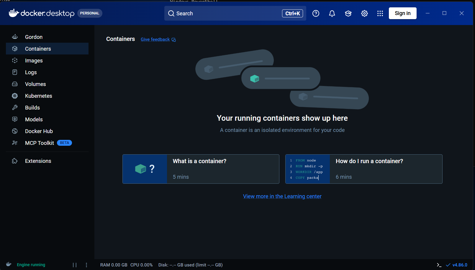 Écran d’accueil de Docker Desktop avec l’état Engine running affiché en bas à gauche